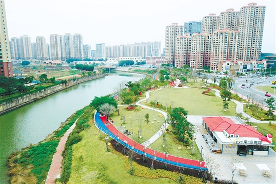 臺山碧道的設(shè)計(jì)與建設(shè)理念，均以生態(tài)保護(hù)為核心，注重保留沿途的河灘地，營造“紅花盛開、綠草如茵、魚兒游弋”的生態(tài)水文環(huán)境。圖為臺城河段碧道。