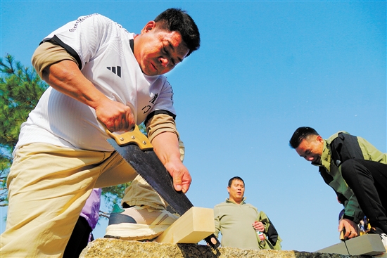 男子鋸木頭比賽需要選手有很大的力氣。