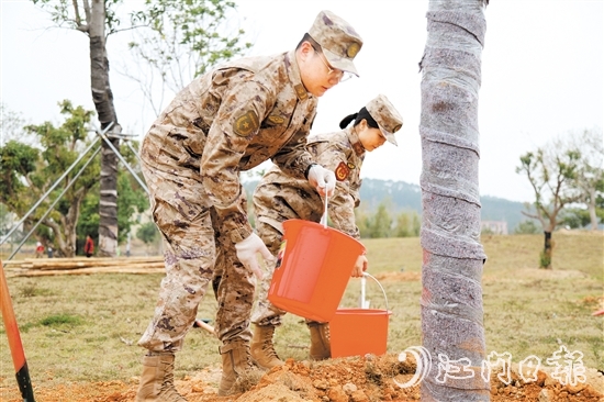 江門軍分區(qū)官兵、民兵參加義務(wù)植樹活動。