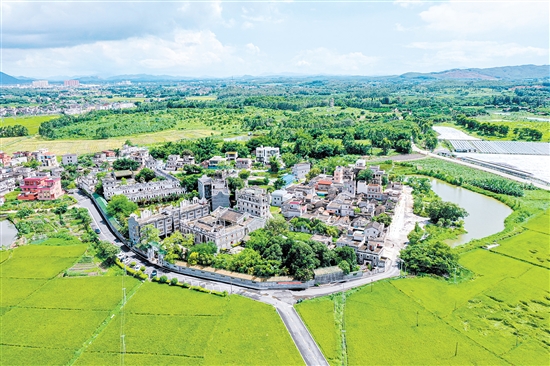 在“全國文明村”開平市塘口鎮(zhèn)強亞村，碉樓古韻與文明新風(fēng)相映成趣。