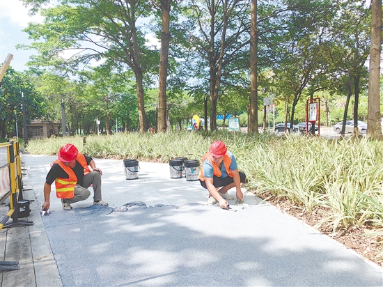 城管部門在釜山公園試點(diǎn)鋪裝樹脂水洗石。