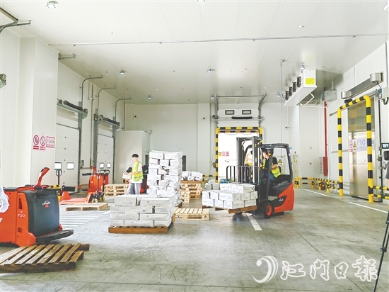 工作人員忙碌作業(yè)，一箱箱水產(chǎn)、果蔬即將發(fā)往大灣區(qū)各地。